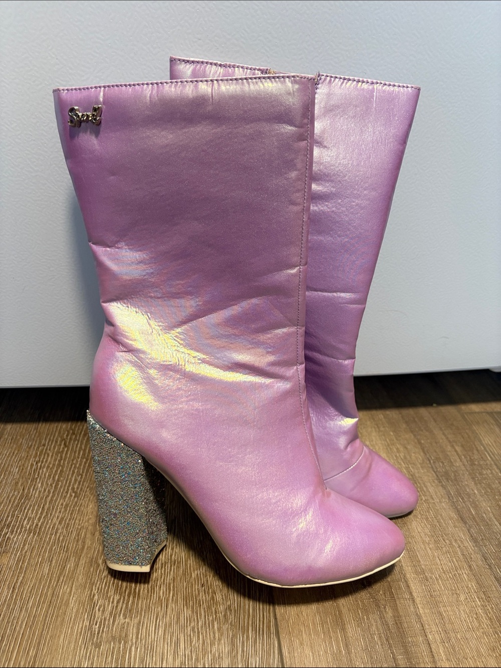 Iridescent Lilac Mid-Calf Boots with glitter block heels